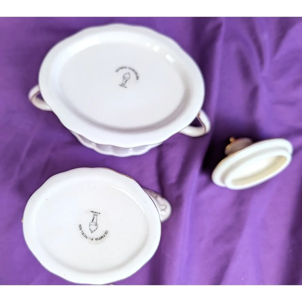 Olympia Creamer & Sugar Bowl With Lid Set White With gold trim Ribbed Oval NIB